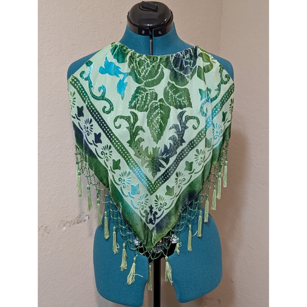 XOXO Green Burnout Velvet Tassel Fringe Halter Handkerchief Top Y2K Small